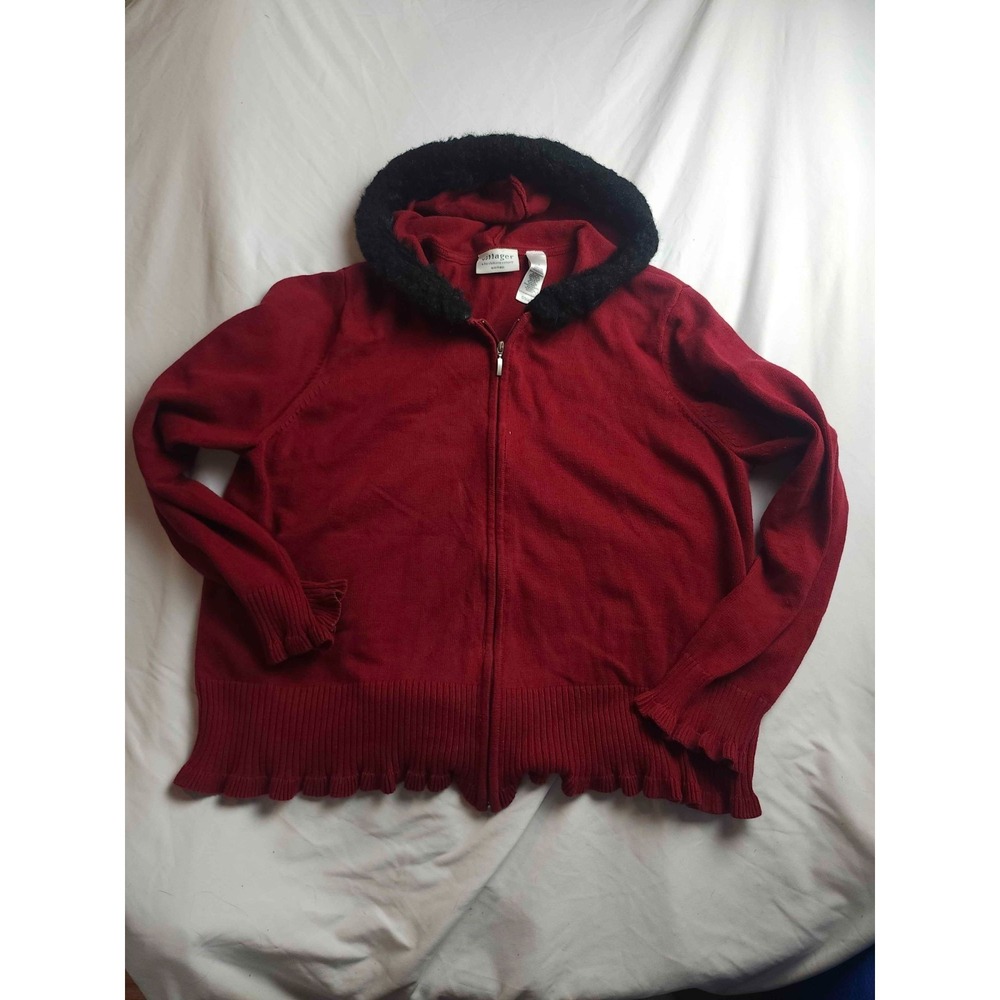 Villager Liz Claiborne Sweater Womens Size 3 Red‎ Knit Full Zip Hoodie Cardigan